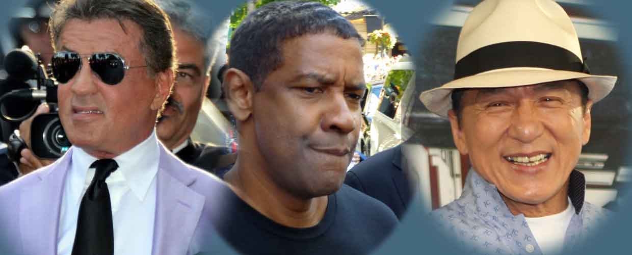 Left to Right: Sylvester Stallone at the Cannes Film Festival, image by Georges Biard, used under CC BY-SA 3.0 License, from Wikipedia; Denzel Washington at the press conference of The Equalizer, 2014 Toronto Film Festival, by GabboT, used under CC BY-SA-2.0 License, from Wikipedia; Jackie Chan at the launch of Bleeding Steel Press Conference, Sydney Opera House. Image by Eva Rinaldi - https://www.flickr.com/photos/evarinaldiphotography/28318472140/ used under C BY-SA 2.0 license; from Wikipedia.