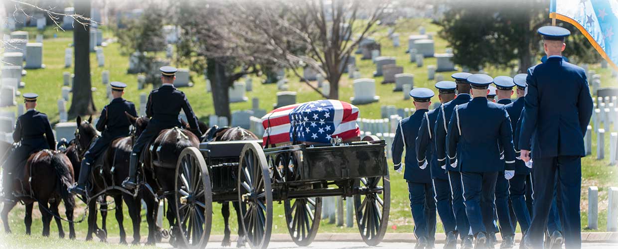 The U.S. Air Force Honor Guard, the U.S. Air Force Ceremonial Brass, and the 3rd U.S. Infantry Regiment (The Old Guard) Caisson Platoon help conduct military funeral honors with funeral escort for U.S. Air Force (ret.) Col. Joe Jackson in Section 34 of Arlington National Cemetery, Arlington, Virginia, March 26, 2019. Jackson was a Medal of Honor Recipient, veteran of three wars and Air Force legend. He was award the Medal of Honor on Jan. 16, 1969 by President Lyndon B. Johnson for his selfless and heroic actions in combat. U.S. Army photo by Elizabeth Fraser.